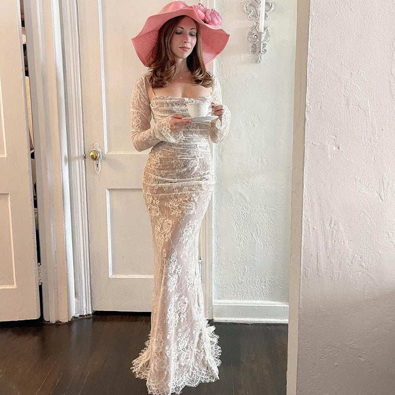 Cross-Border New Arrival European and American Style Women's Sexy Fashion Long Dress High-End Evening Dress Braces Long Sleeve Lace Dress