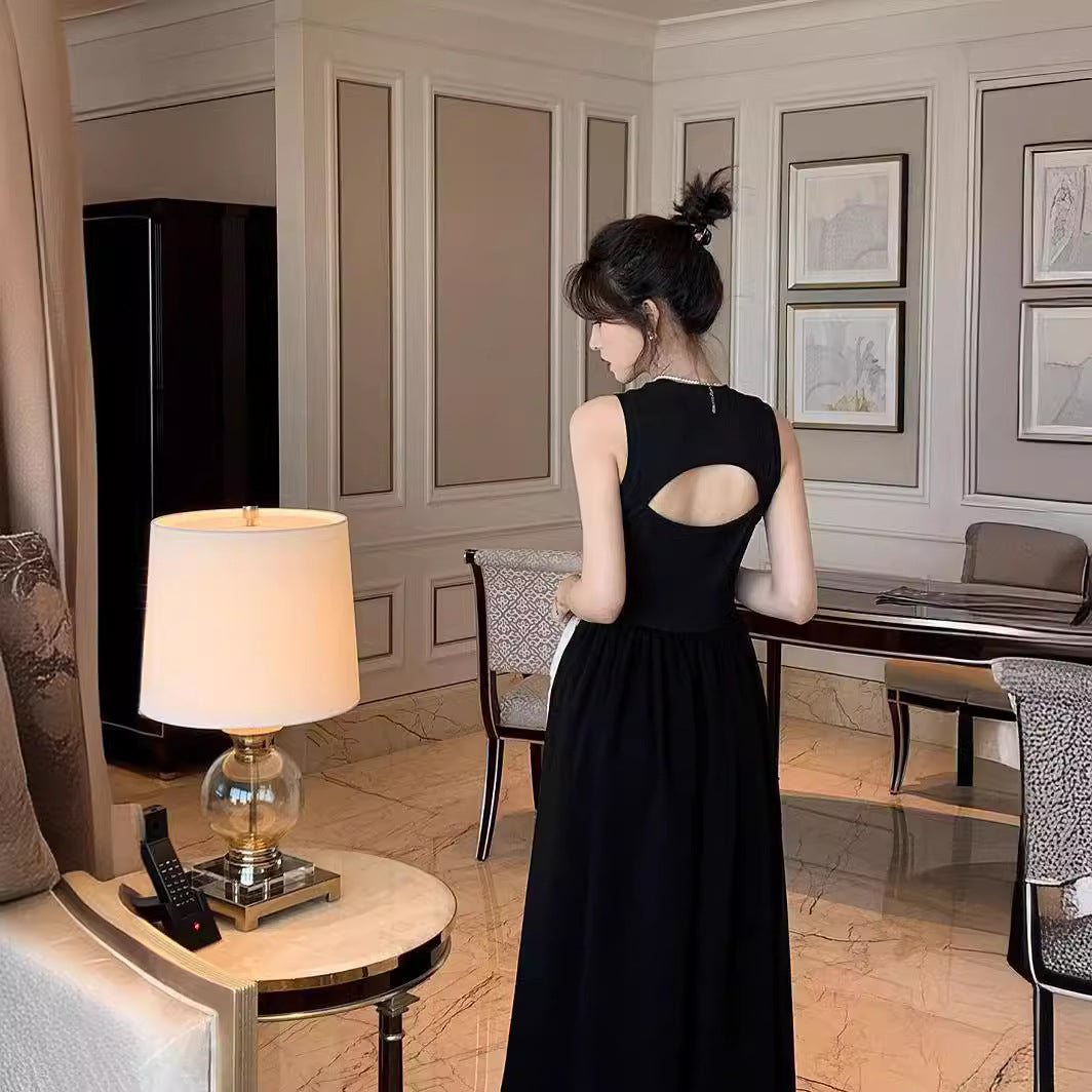 Black Sleeveless Style Retro Elegant Hepburn Dress Women's Summer Design Vest Niche Backless Long Skirt