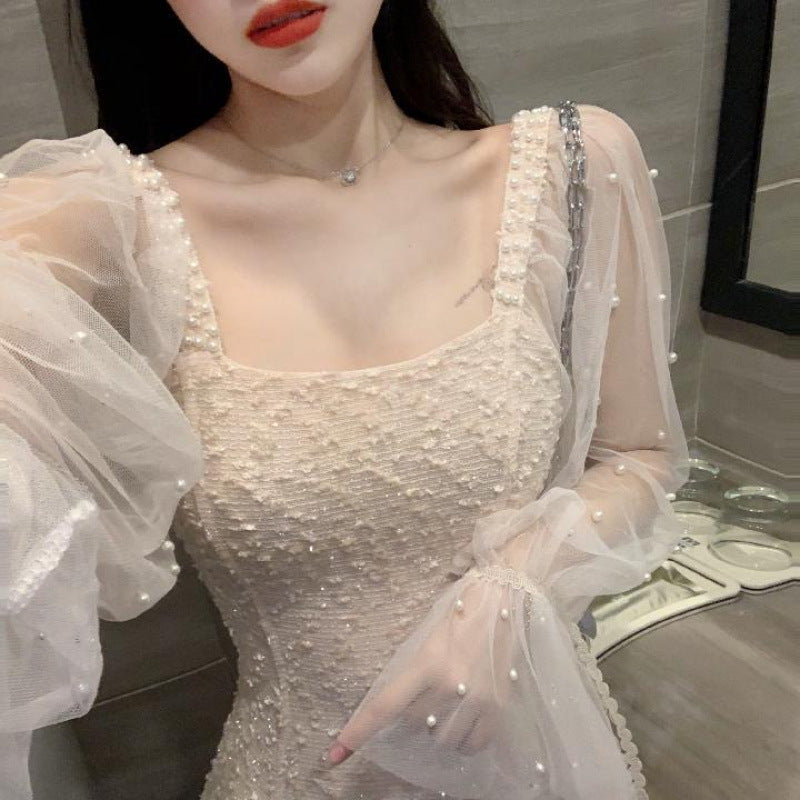 Spring women's new small fragrant temperament medium and long mesh splicing long sleeves waist and thin dress autumn