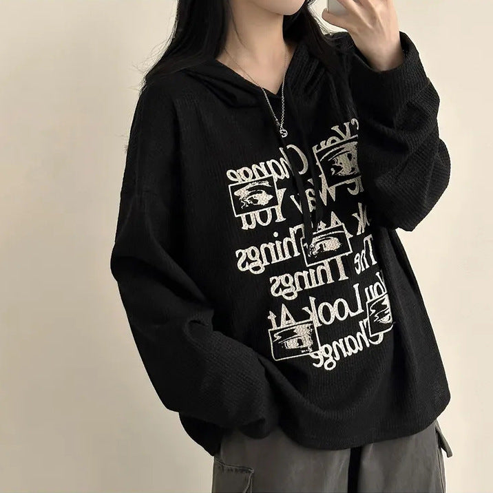 VAKKV Manufacturer waffle hooded autumn thin sweater large size fat mm loose Korean version ins velvet lazy wind outside
