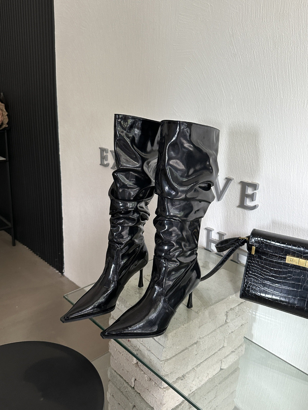 2025 2025 pointed-toed piled boots patent leather black boots women's high boots high-heeled knight boots brown thin-heeled boots