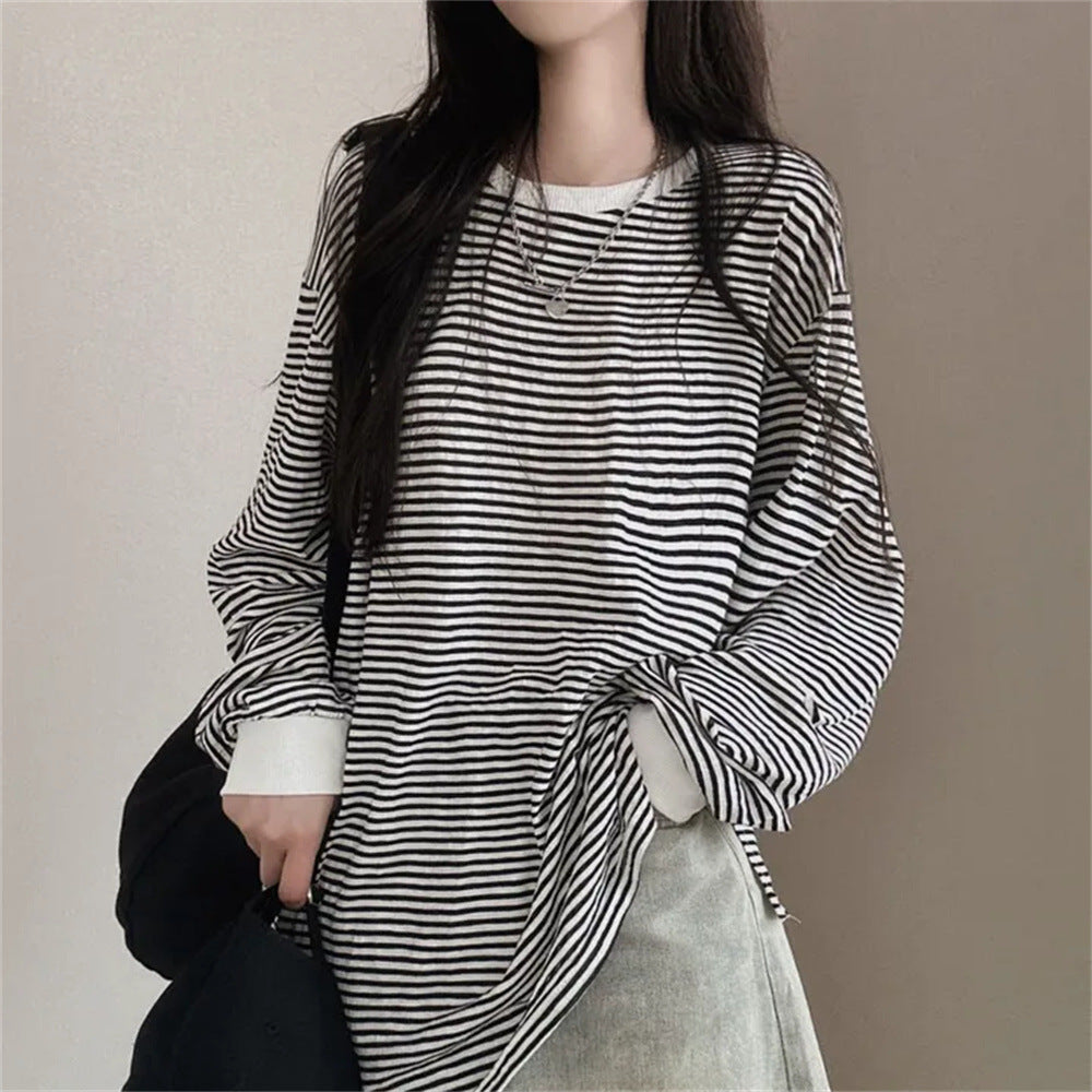 VAKKV Manufacturer's reversion Korean version of round neck striped sweater women's spring and autumn loose design sense versatile thin jacket trendy brand velvet