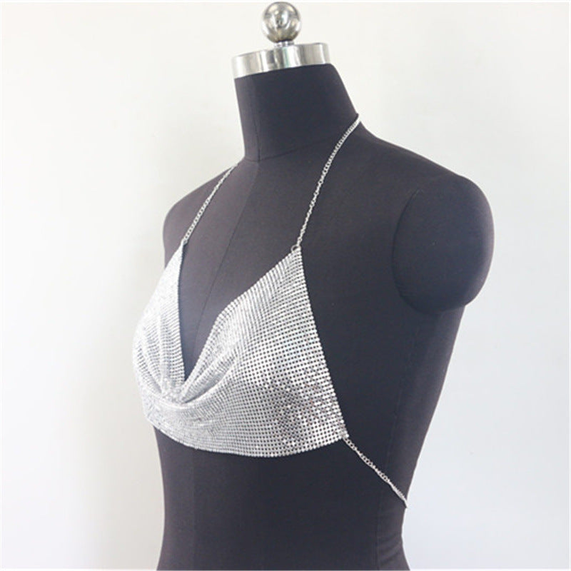 2025 MW2653 2025 vest sequined rhinestone inlaid diamond cloth metal chain hanging neck V-neck super short vest top