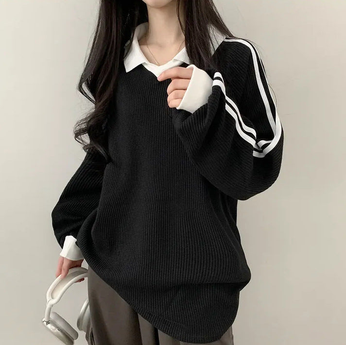 VAKKV Manufacturer 3 colors, waffle Korean version polo collar retro thin velvet sweater women's new spring, autumn and winter popular