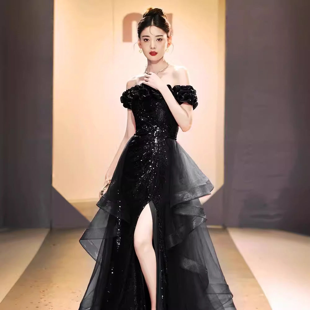 VAKKV Black off-Shoulder Evening Dress New Light Luxury Sequined High Sense Banquet Host Art Exam Annual Meeting Dress