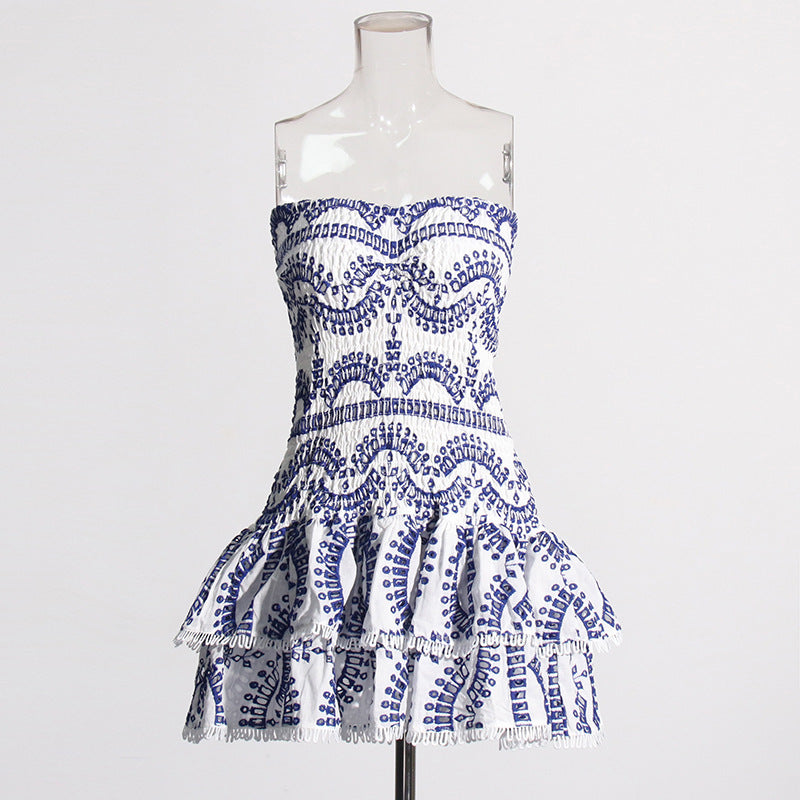 European and American Heavy Industry Smocking Strapless Dress New Design Sense Hollow-out Hook Flower Slim Fit Slimming and Short Dress Women