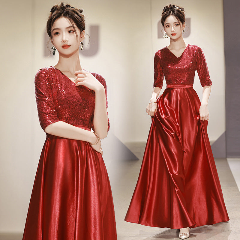 VAKKV Red Choir Long Dress Performance Costume Evening Dress Half Sleeve Adult Host Stage Competition Red Song Performance Costume