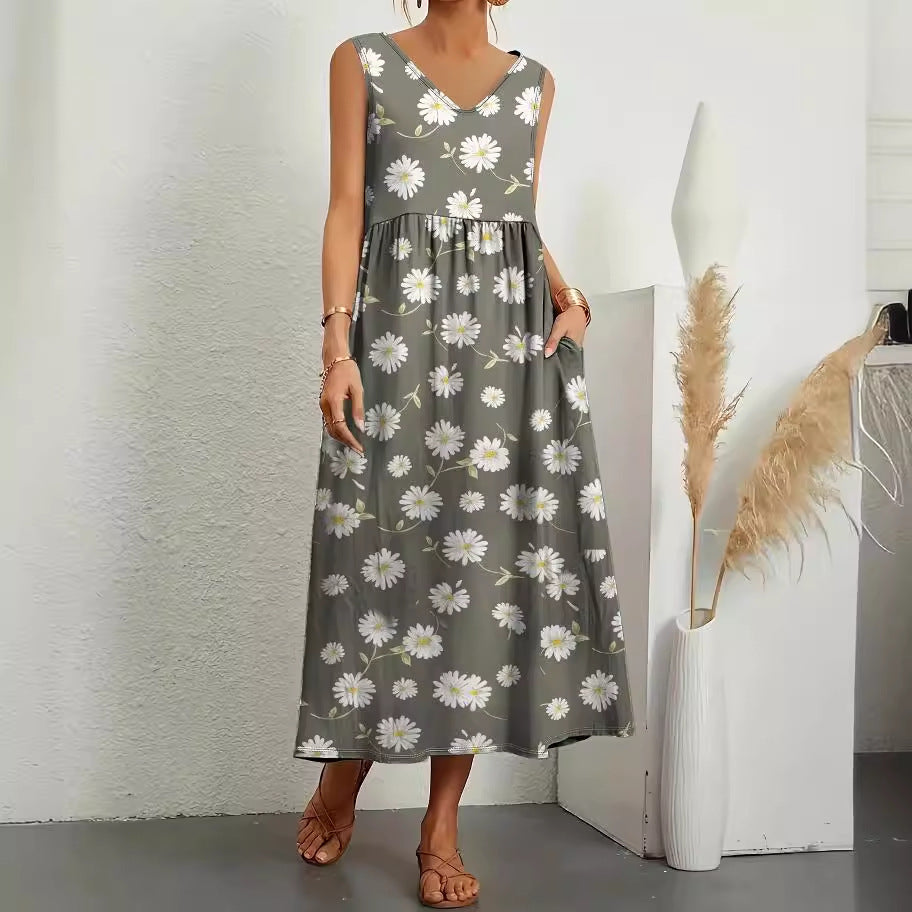 Cross-Border Sleeveless Pocket Loose V-neck Dress Printed Summer New European and American Fashion Women's Clothing