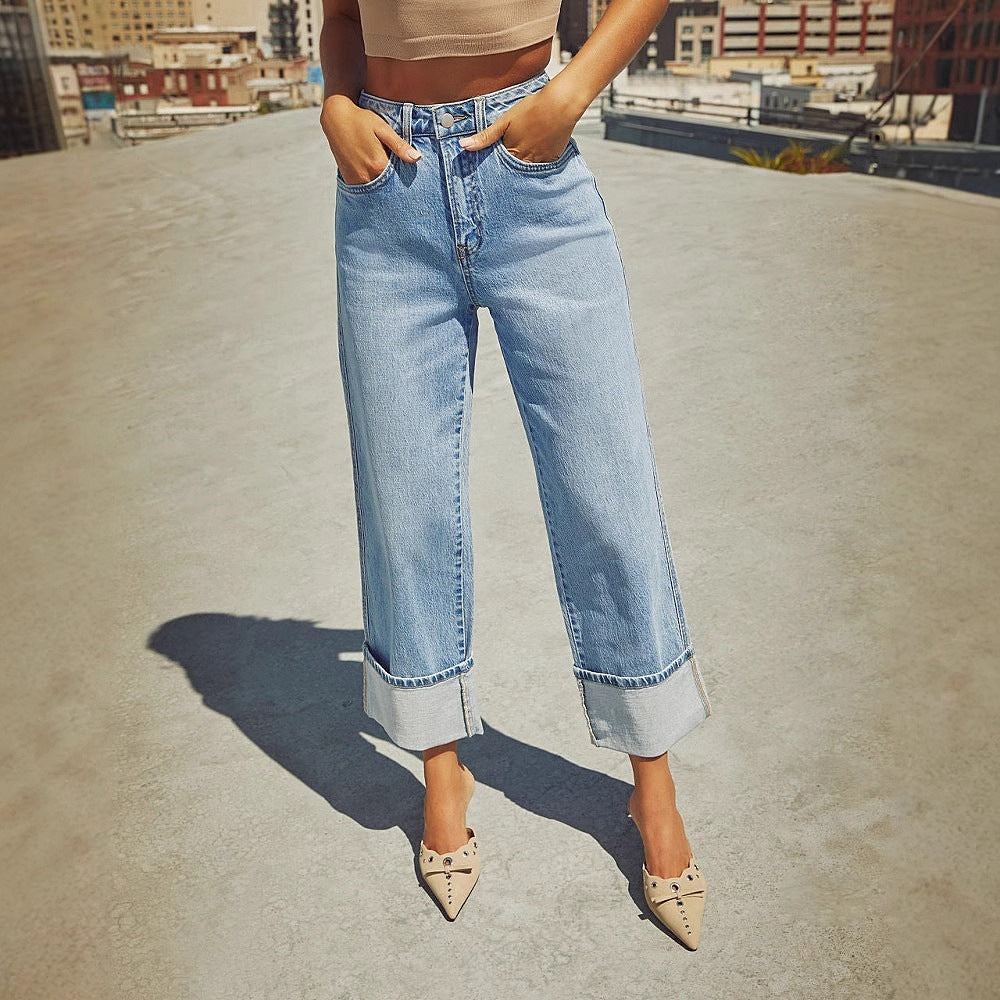 VAKKV cross-border 2025 spring new stretch straight jeans women's quality retro curled high-waisted trousers