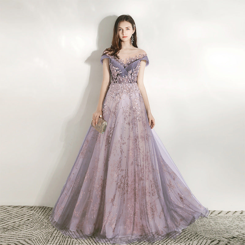 VAKKV Banquet Evening Dress Women's V-neck New Host Long Slimming Heavy Handmade Annual Meeting Art Exam European and American Dress