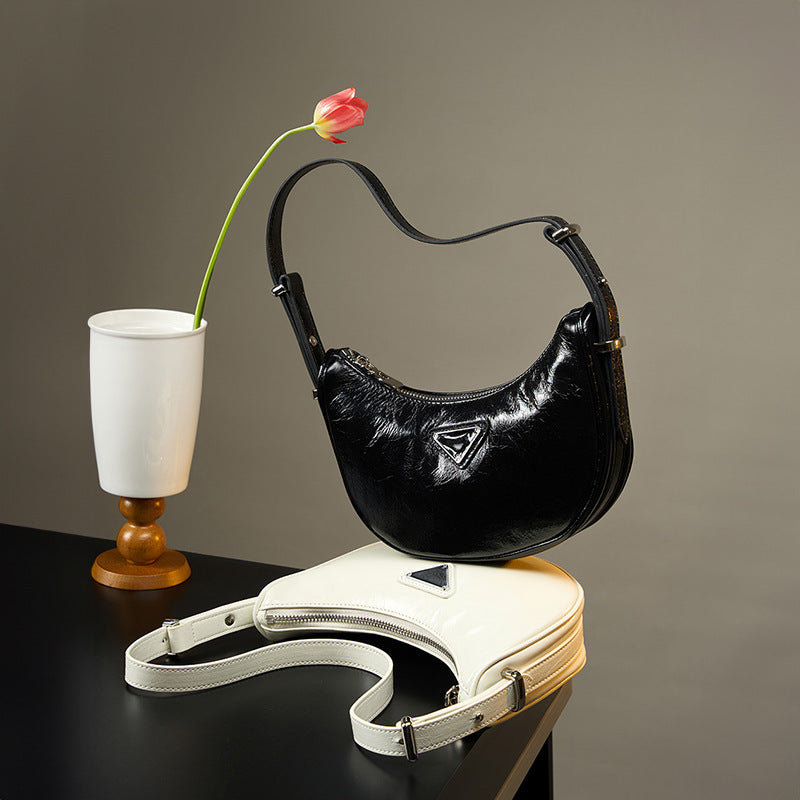 VAKKV 2025 Summer first-layer cowhide crescent bag women's popular new spring and summer senior half-moon bag commuter shoulder messenger bag