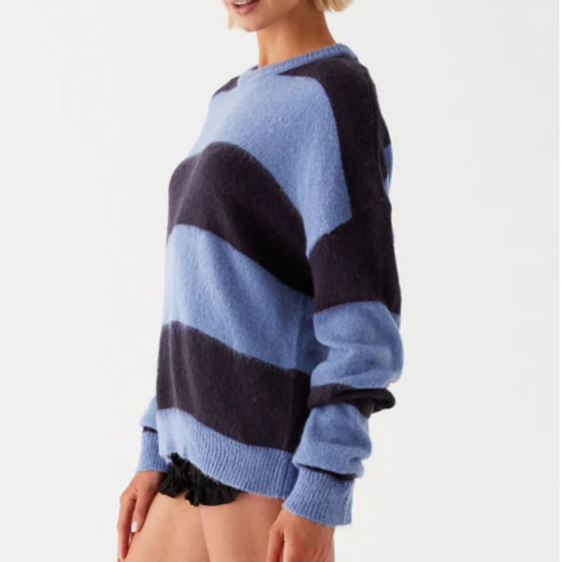 popular new Popular trade knitted top crew neck striped contrasting color loose lazy pullover sweater women
