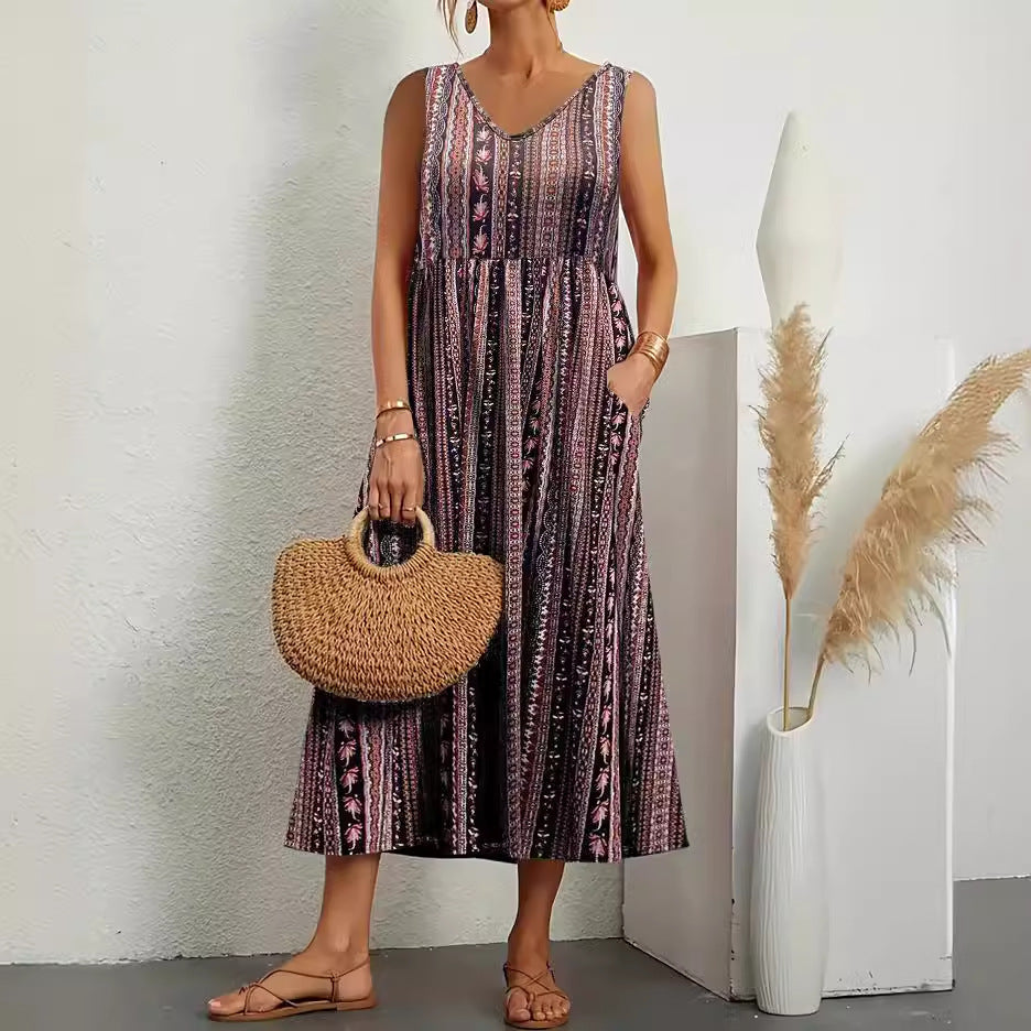 Cross-Border Sleeveless Pocket Loose V-neck Dress Printed Summer New European and American Fashion Women's Clothing