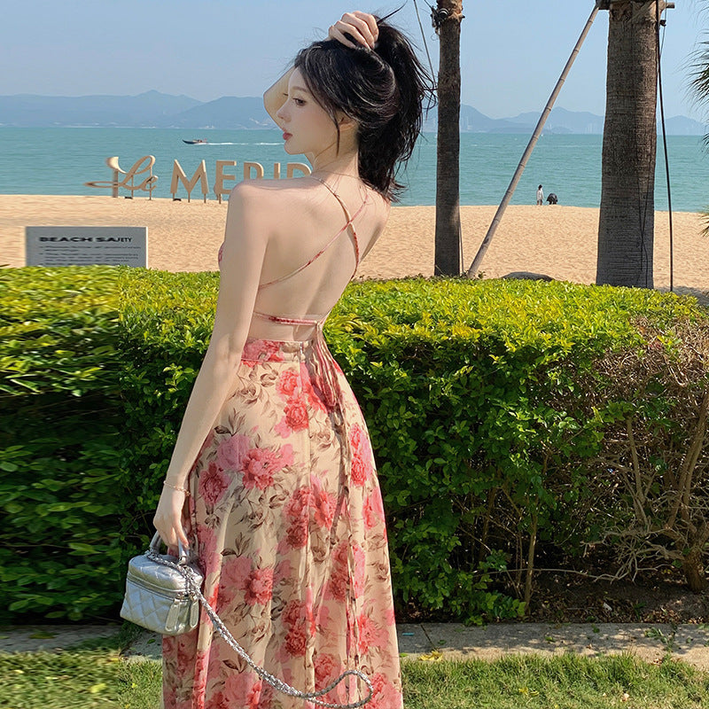 2025 Super fairy seaside vacation chiffon floral vacation women's dress backless hollow straps high waist slit big swing dress