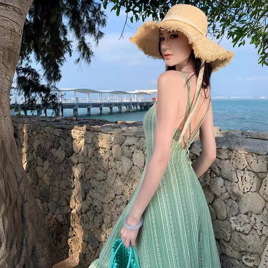 2025 Seaside photo clothes super fairy light green print suspender dress Yunnan seaside vacation backless slim dress