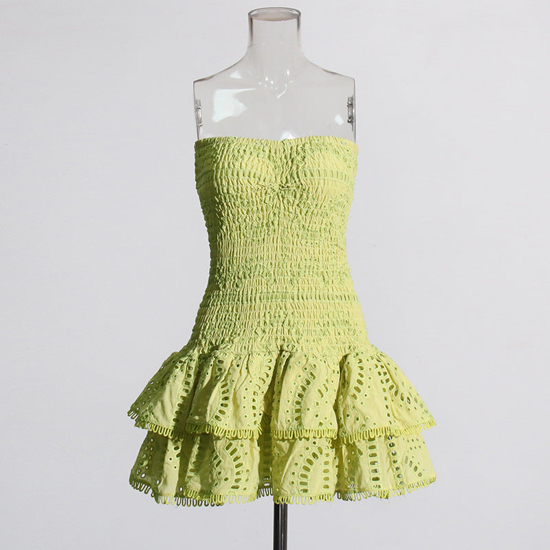 European and American Heavy Industry Smocking Strapless Dress New Design Sense Hollow-out Hook Flower Slim Fit Slimming and Short Dress Women