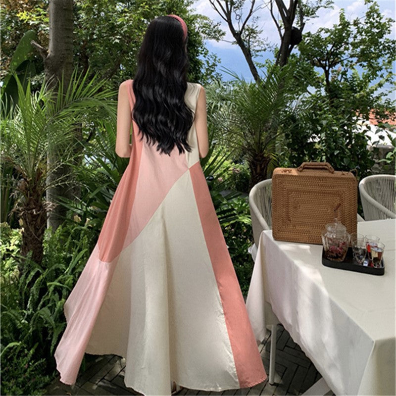 2025 Niche design sense color matching sleeveless loose dress long dress women's summer A version big pendulum seaside vacation wind beach skirt