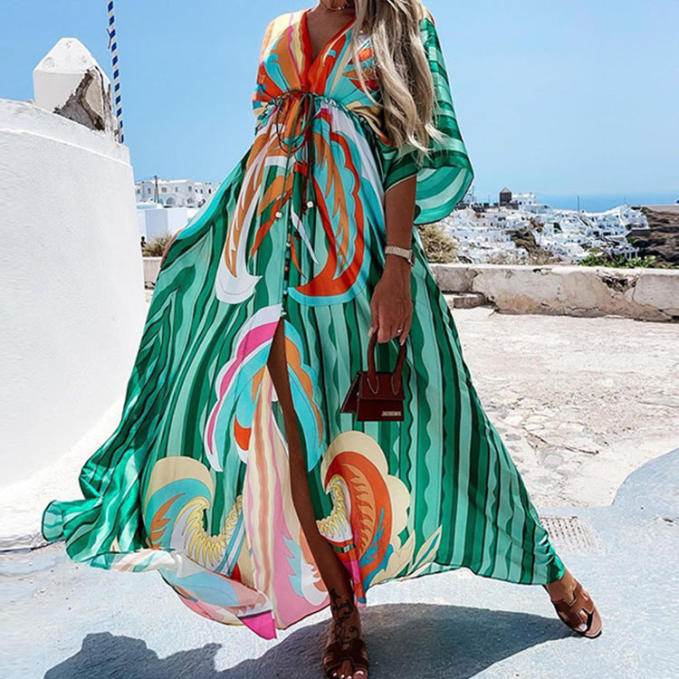 Hot Trade European and American Women's Clothing 2024 Summer New Fashion Printing Loose Lace-up Elegant Big Hem Dress