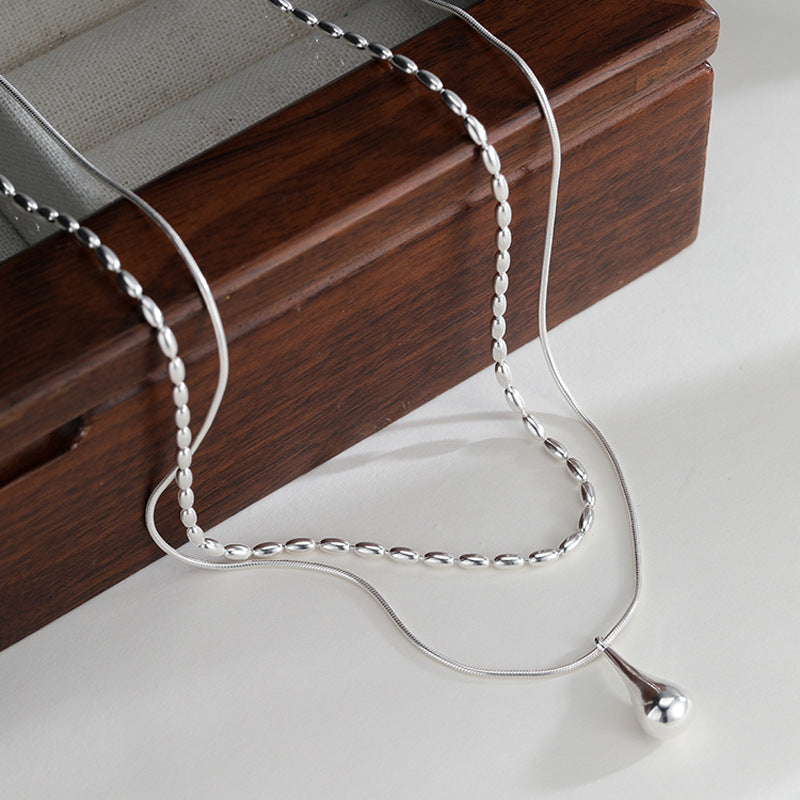 Water Drop Pendant Double-Layer Necklace for Women Niche Design Ins Cold Style Fashionable Simple Temperament Rice Grain Clavicle Chain