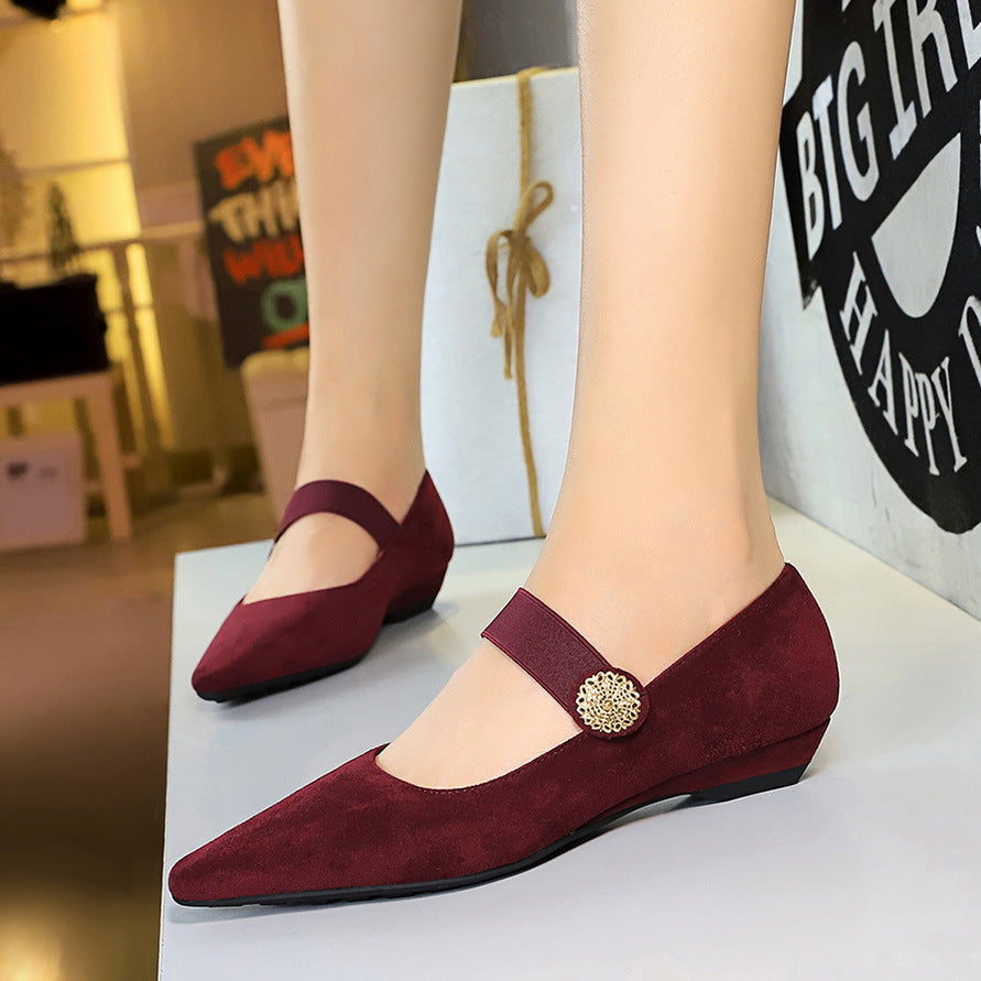 VAKKV 2025 3683-2K92 Korean version low heel wedge heel versatile suede light mouth metal decorative elastic band one word belt single shoes women