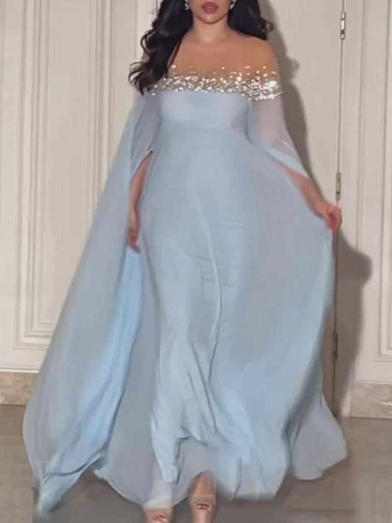 VSKKV Spring and Summer New Cross Border Middle East Temperament Sexy High Waist Rhinestone Pearl Chiffon Banquet Evening Dress