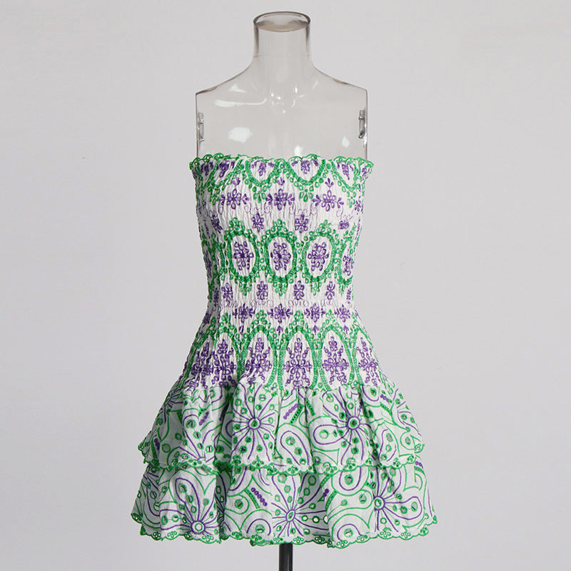 European and American Heavy Industry Smocking Strapless Dress New Design Sense Hollow-out Hook Flower Slim Fit Slimming and Short Dress Women