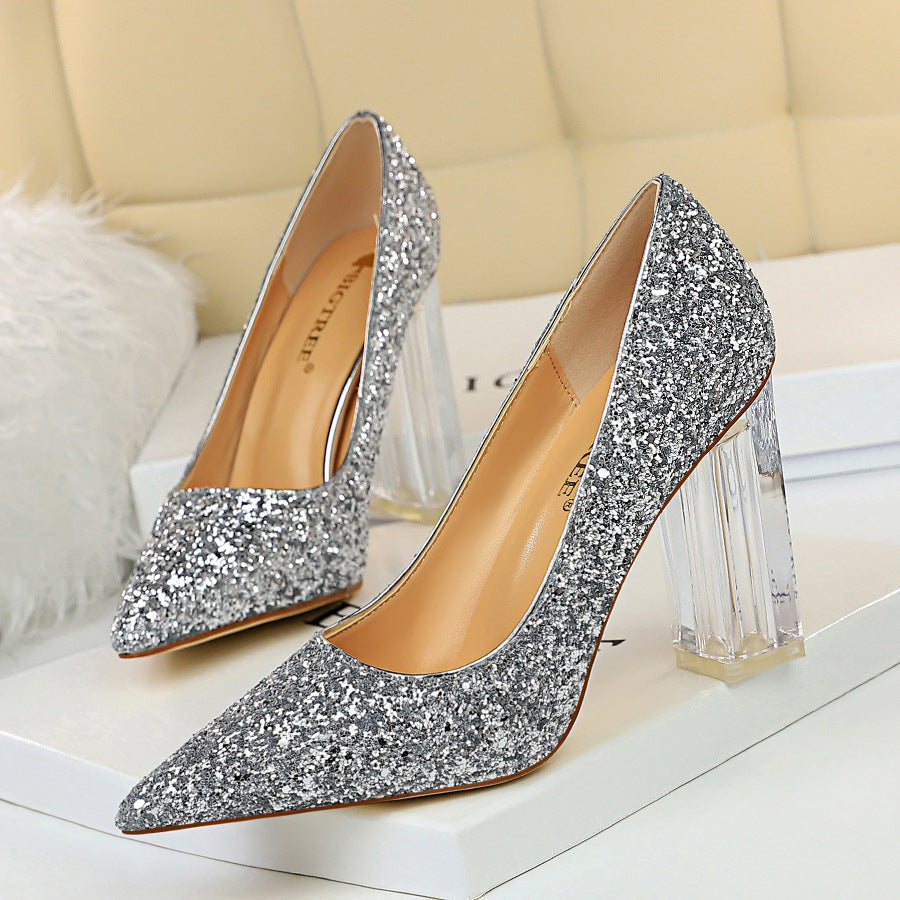 2025 9217-1 fashion transparent crystal heel thick heel high heel light mouth pointed head sexy nightclub shining sequined single shoes