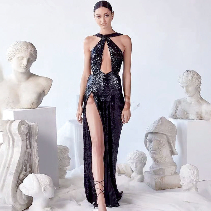 2025 New spring sexy party beads irregular temperament evening dress women's Popularan, 2025n neck dress