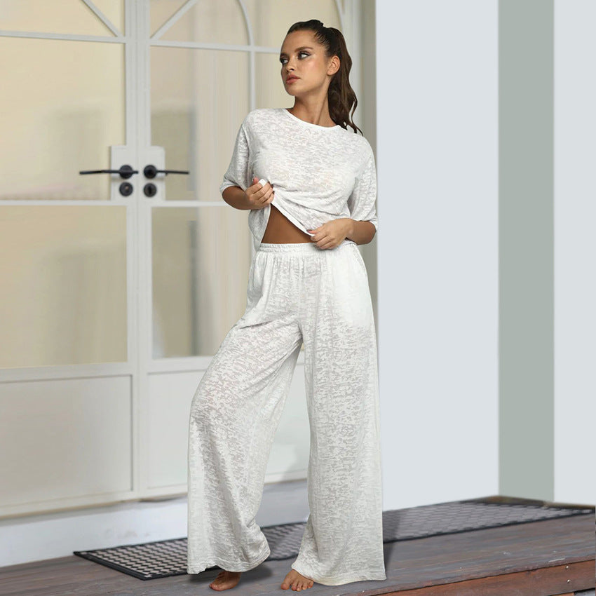 VAKKV 2025 new solid color knitted loose casual and comfortable pajamas women's summer five-quarter sleeve trousers loungewear New