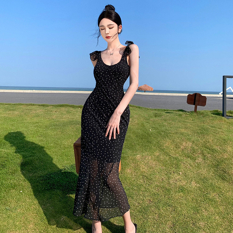 2025 Polka dot print black suspender dress summer slim chiffon waist ruffle edge halter sexy sleeveless long dress