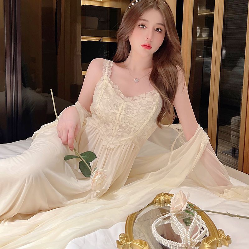 2025 High sense Internet celebrity wind suspender nightgown autumn pure desire wind nightgown mesh sexy two-piece set sexy pajamas female summer