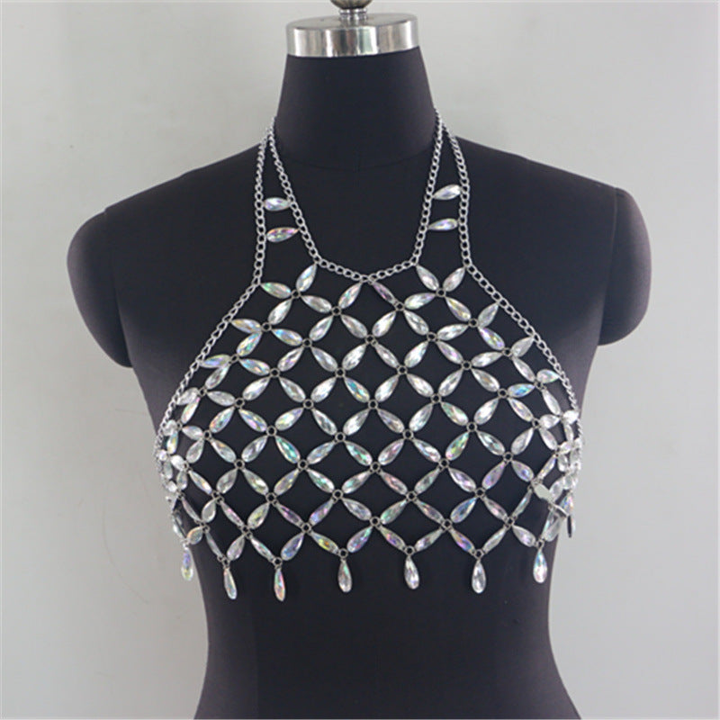 2025 MW2940 2025 vest fashion personality trend gem crystal inlaid splicing top small vest body chain