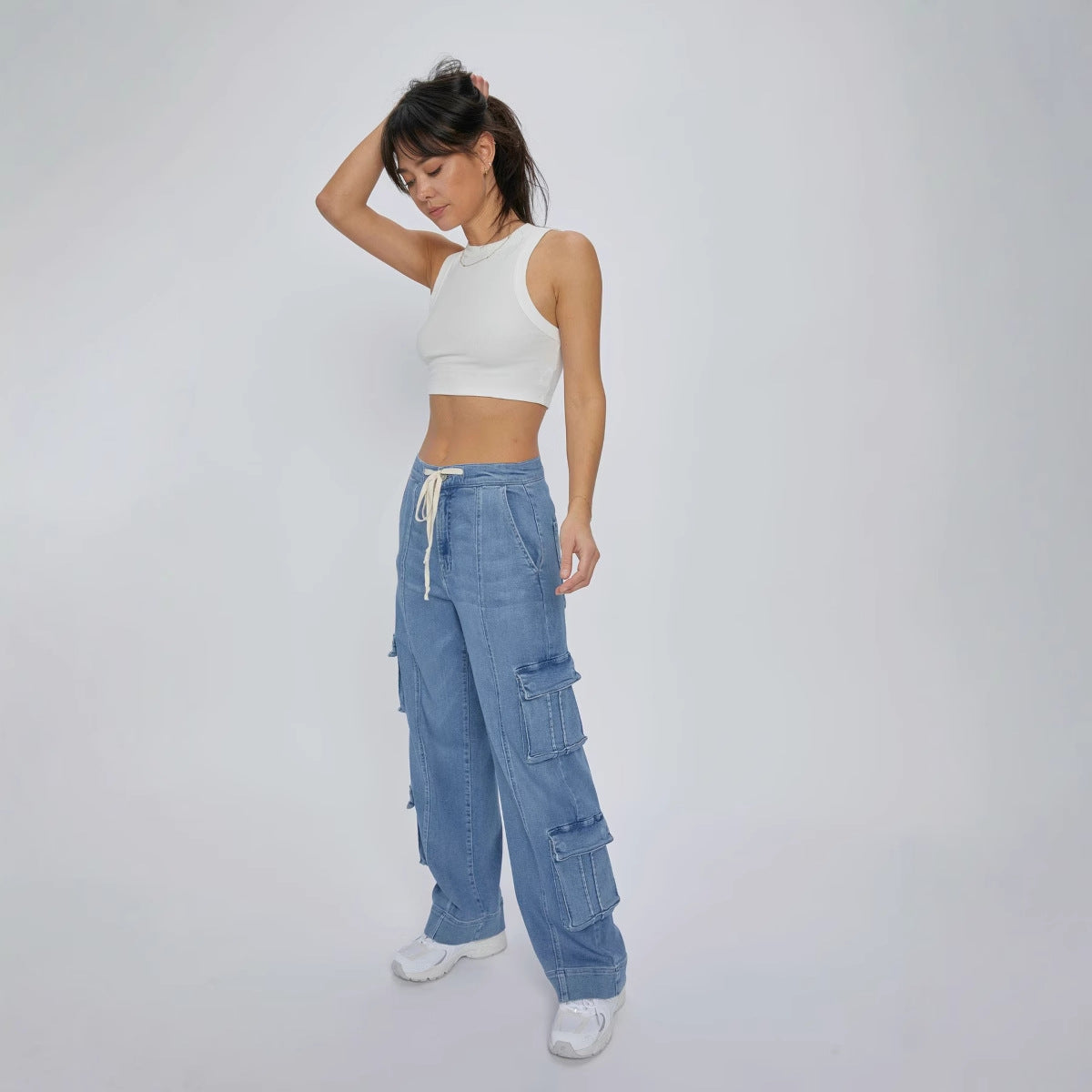 VAKKV independent station 2025 spring new street washed overalls women's multi-pocket wide-leg lace-up jeans