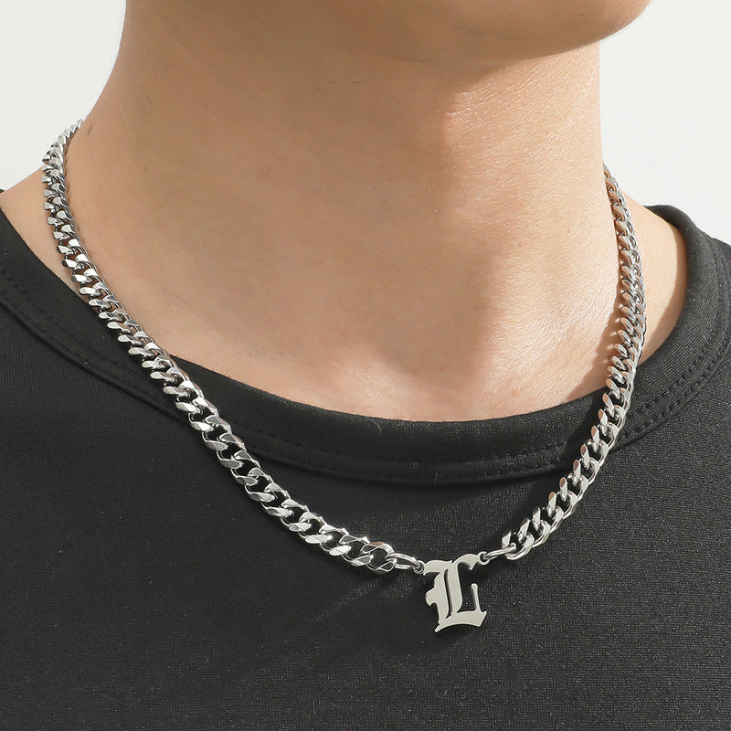 Cross-Border Hot Selling Stainless Steel English Letter Pendant Necklace Ins Cuban Necklace Hip Hop Street Trend New Product