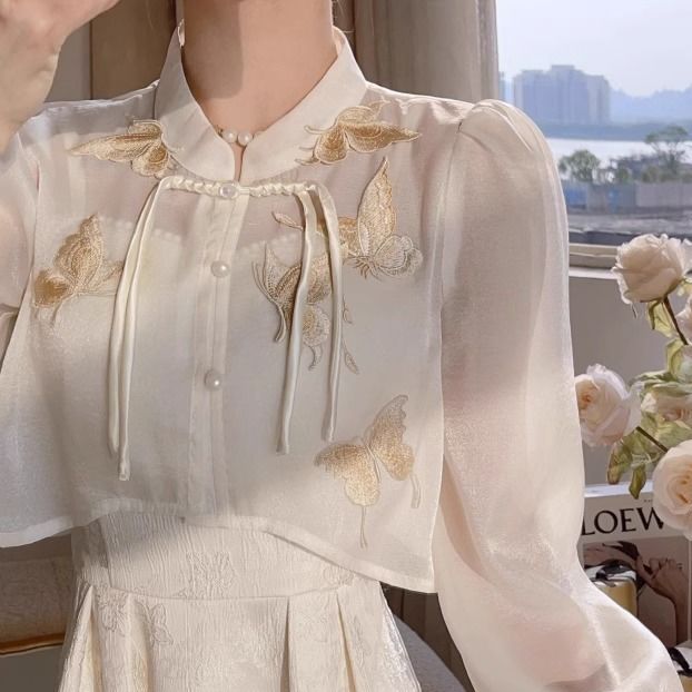 VAKKV New Chinese Style Dress National Style Suit Spring and Summer New Retro Improved Cheongsam Fairy Suspender Skirt Two-Piece Set