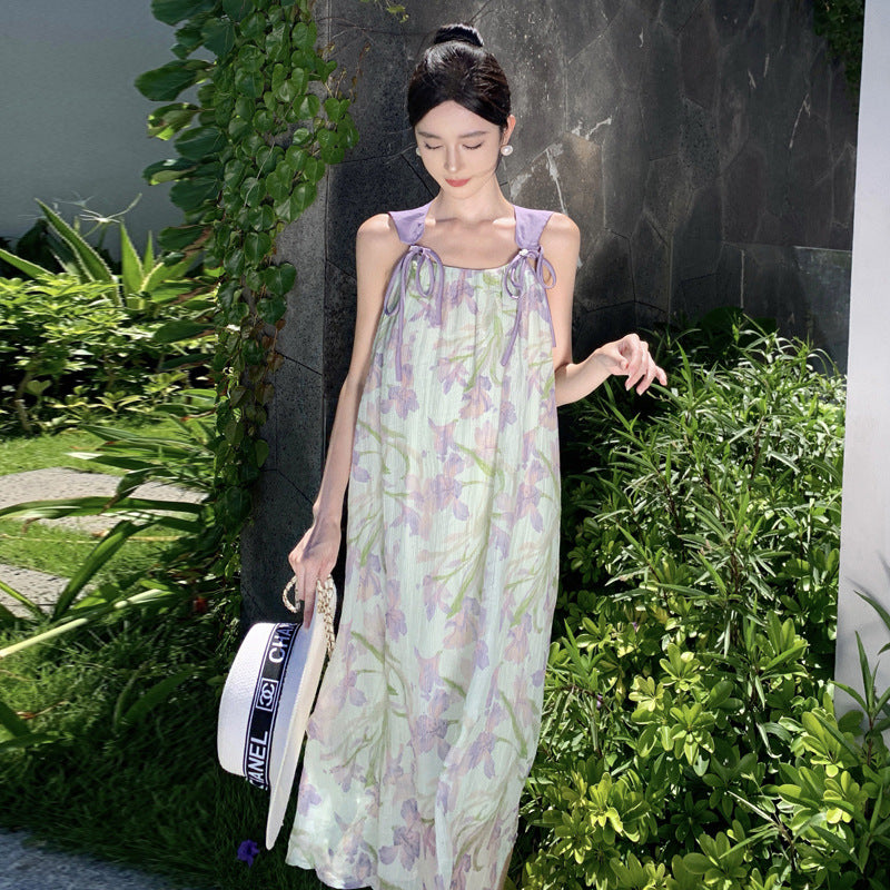 2025 Purple floral fairy summer sleeveless off-the-shoulder beach dress loose lazy vacation style daughter suspender dress