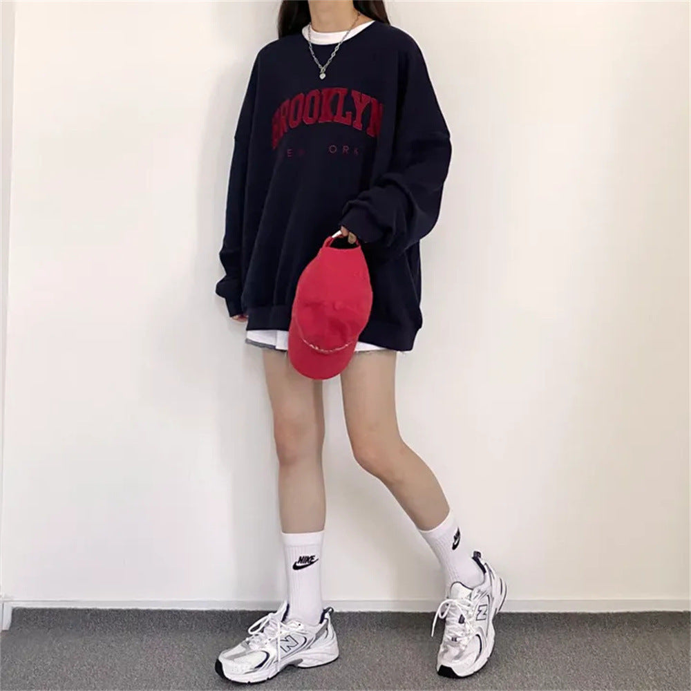 VAKKV Manufacturer gray popular new velvet season crew neck sweater women's spring and autumn thin long sleeves loose large size loose embroidery