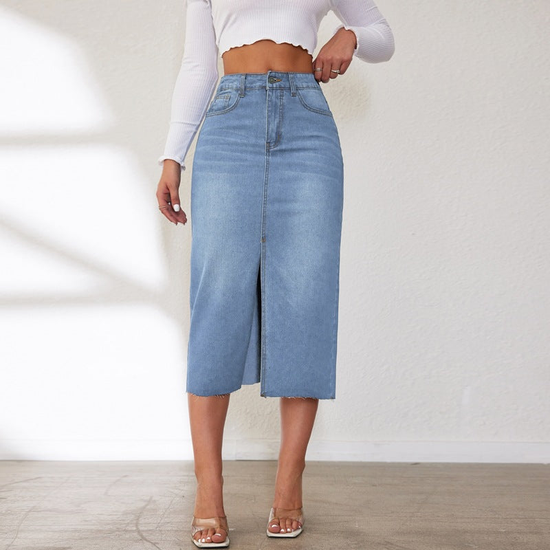 VAKKV Factory direct sales Popular trade New popular 2025n retro non-elastic half-body denim skirt women's medium and long split skirt