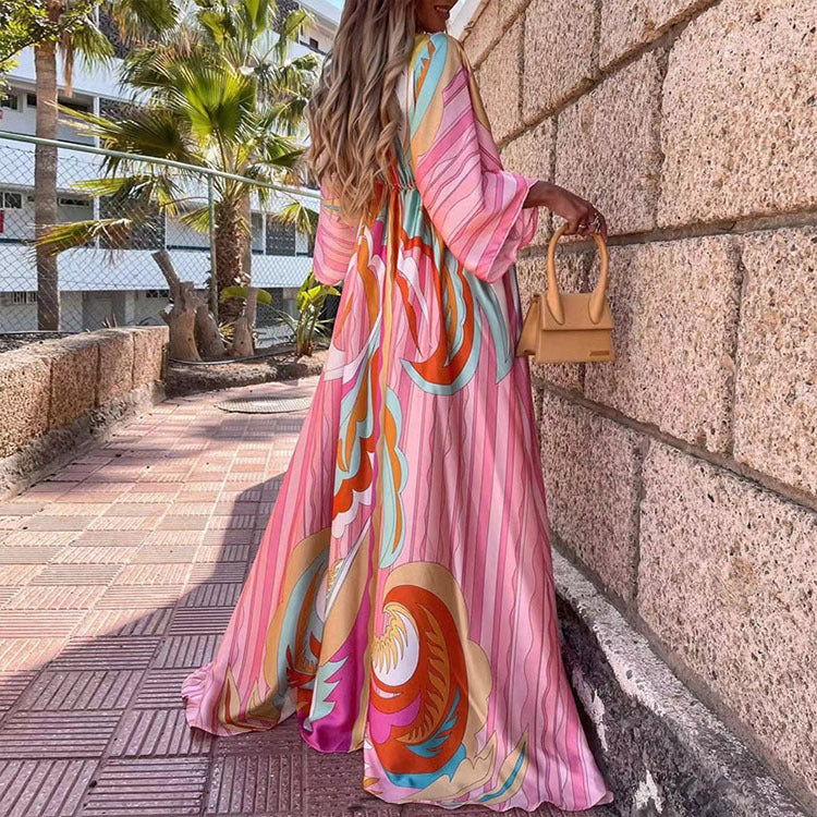 Hot Trade European and American Women's Clothing 2024 Summer New Fashion Printing Loose Lace-up Elegant Big Hem Dress