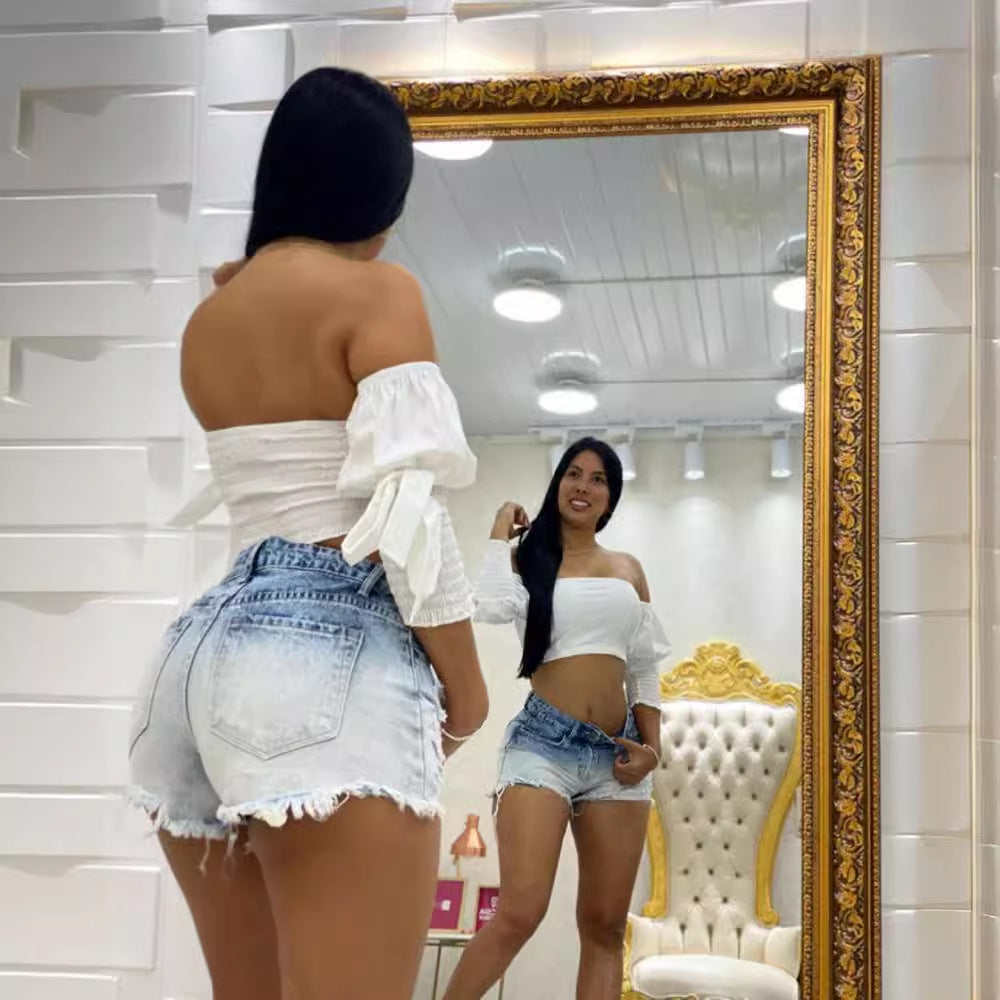 VAKKV Factory direct sales popular 2025 New Popular trade summer gradual change color denim shorts women's high waist thin burr hot pants