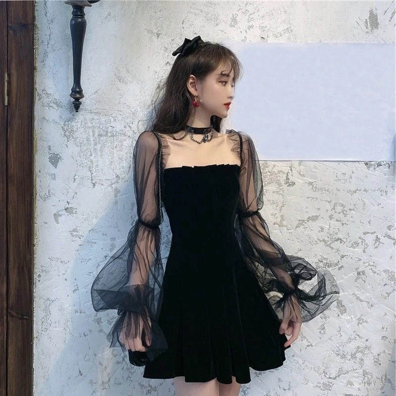 New Spring and Summer New Temperament Mesh Puff Sleeve Girl's Black Dress off-the-Shoulder Fitted Waist Bubble Dress Women's Clothing