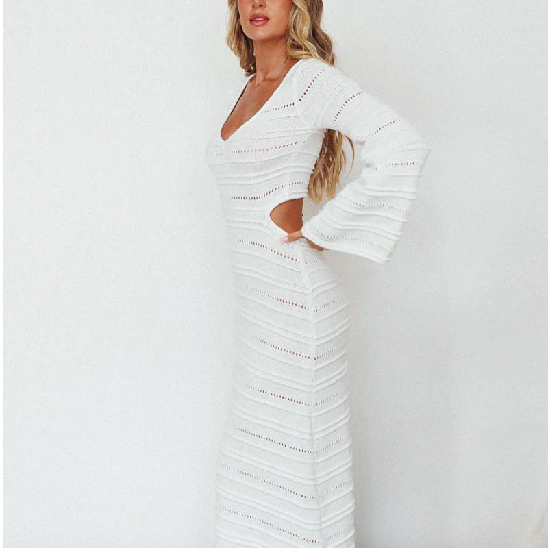 popular autumn and winter new New sweater skirt women's long-sleeved sexy hollow Spice girl style knitted dress women
