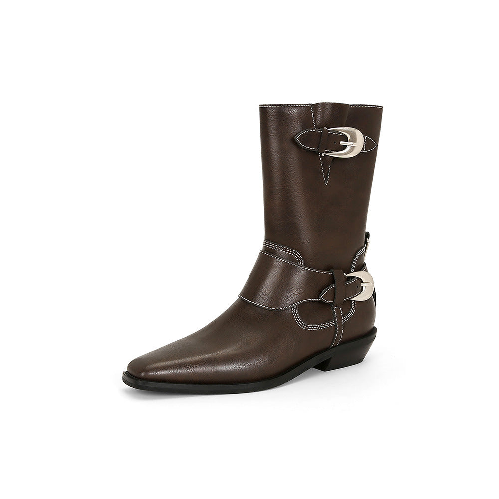 2025 Cowhide version~ Su Yinyin has the same British square head metal buckle thick heel western short boots women's Chelsea Martin boots