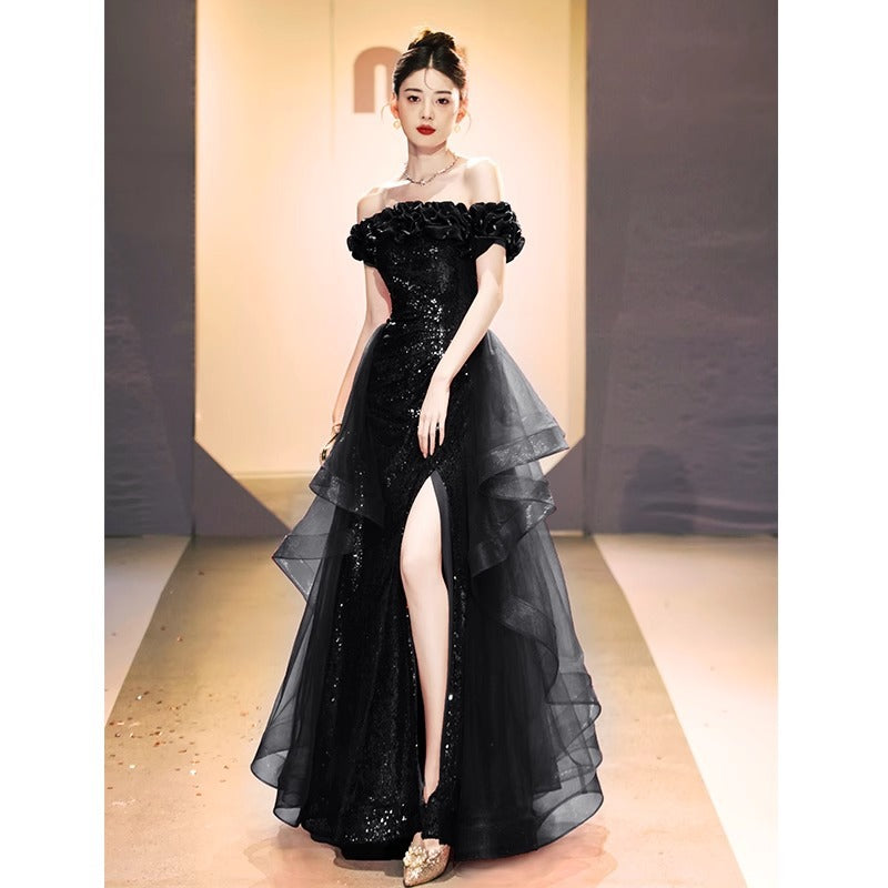 VAKKV Black off-Shoulder Evening Dress New Light Luxury Sequined High Sense Banquet Host Art Exam Annual Meeting Dress