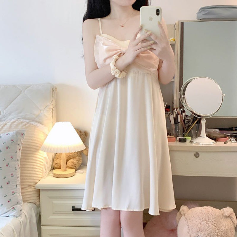 2025 Summer pajamas girls sweet and cute suspenders thin bow loose version lazy style nightdress loungewear