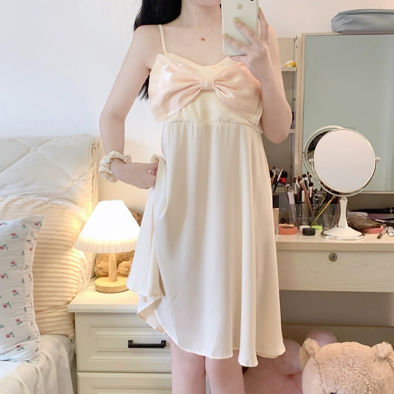 2025 Summer pajamas girls sweet and cute suspenders thin bow loose version lazy style nightdress loungewear