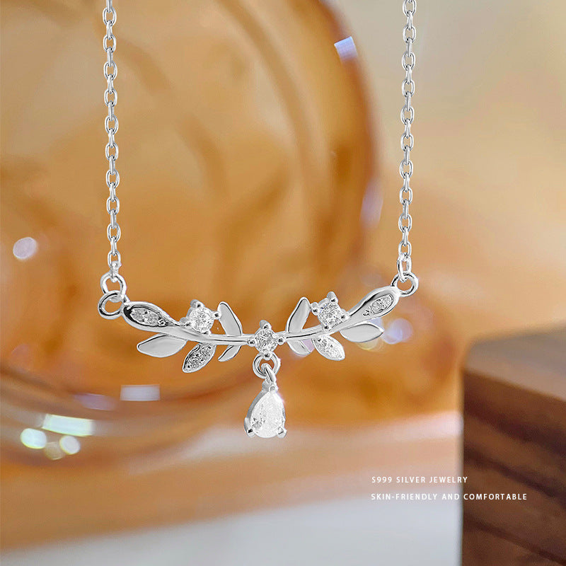 vakkv Aobao S999 Pure Silver Exquisite Leaf Water Drop Zircon Necklace Women's Light Luxury High-Grade Sense for Girlfriend Clavicle Chain for Delivery
