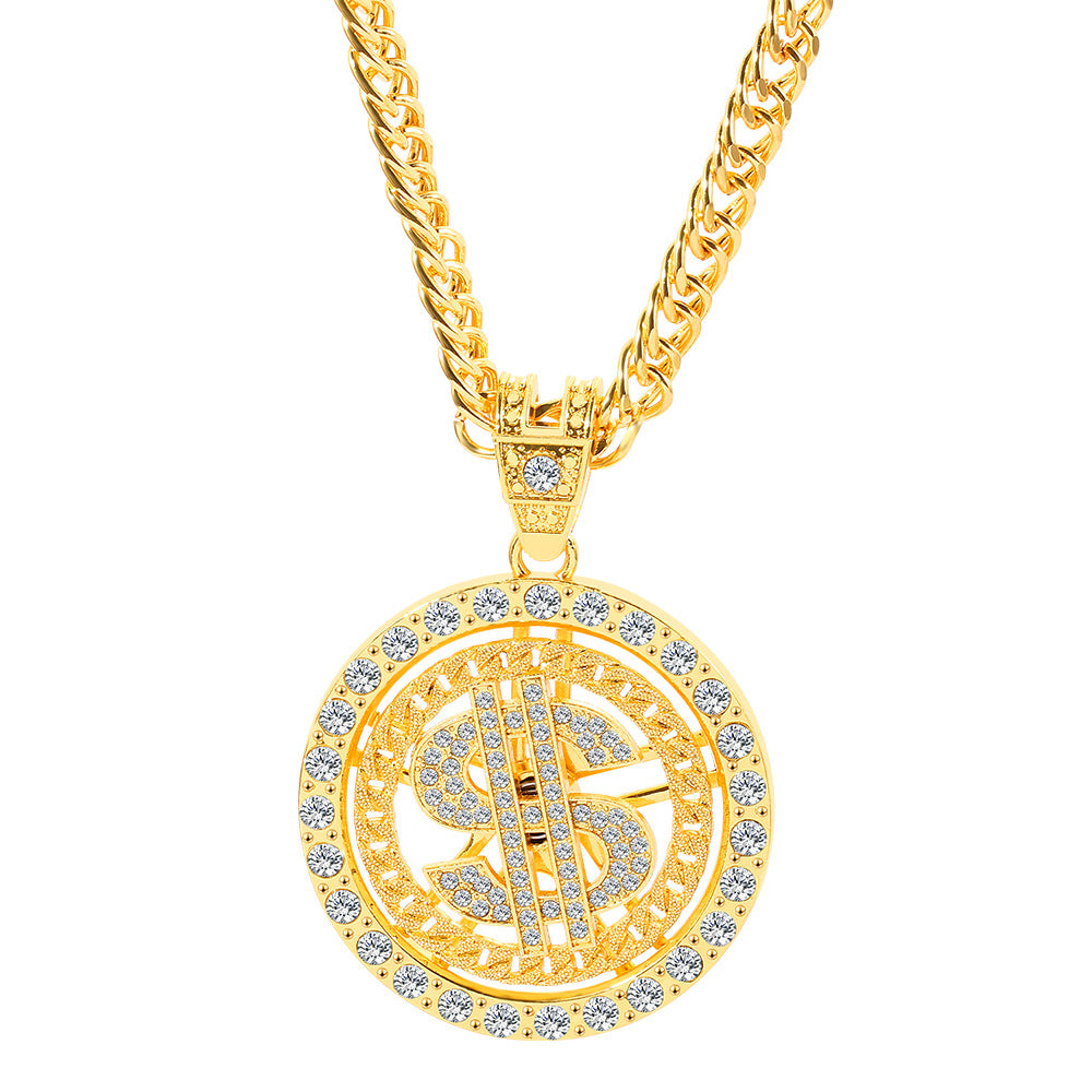 Cross-Border Fashion 360-Degree Rotating US Dollar Pendant Diamond Gold Coin Rotating Cuban Pendant Necklace Ornament