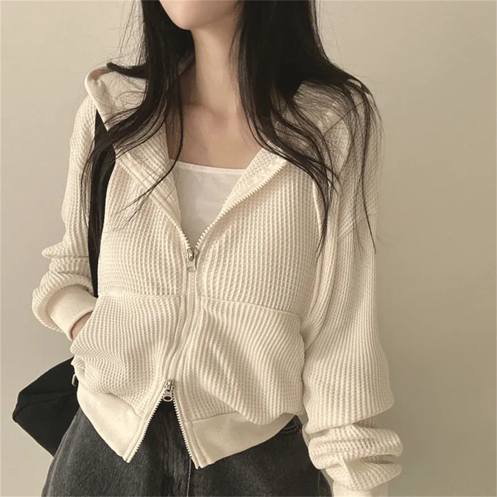 VAKKV Manufacturer Small loose zipper cardigan jacket Large size clothes Korean version hooded thin waffle sweater women