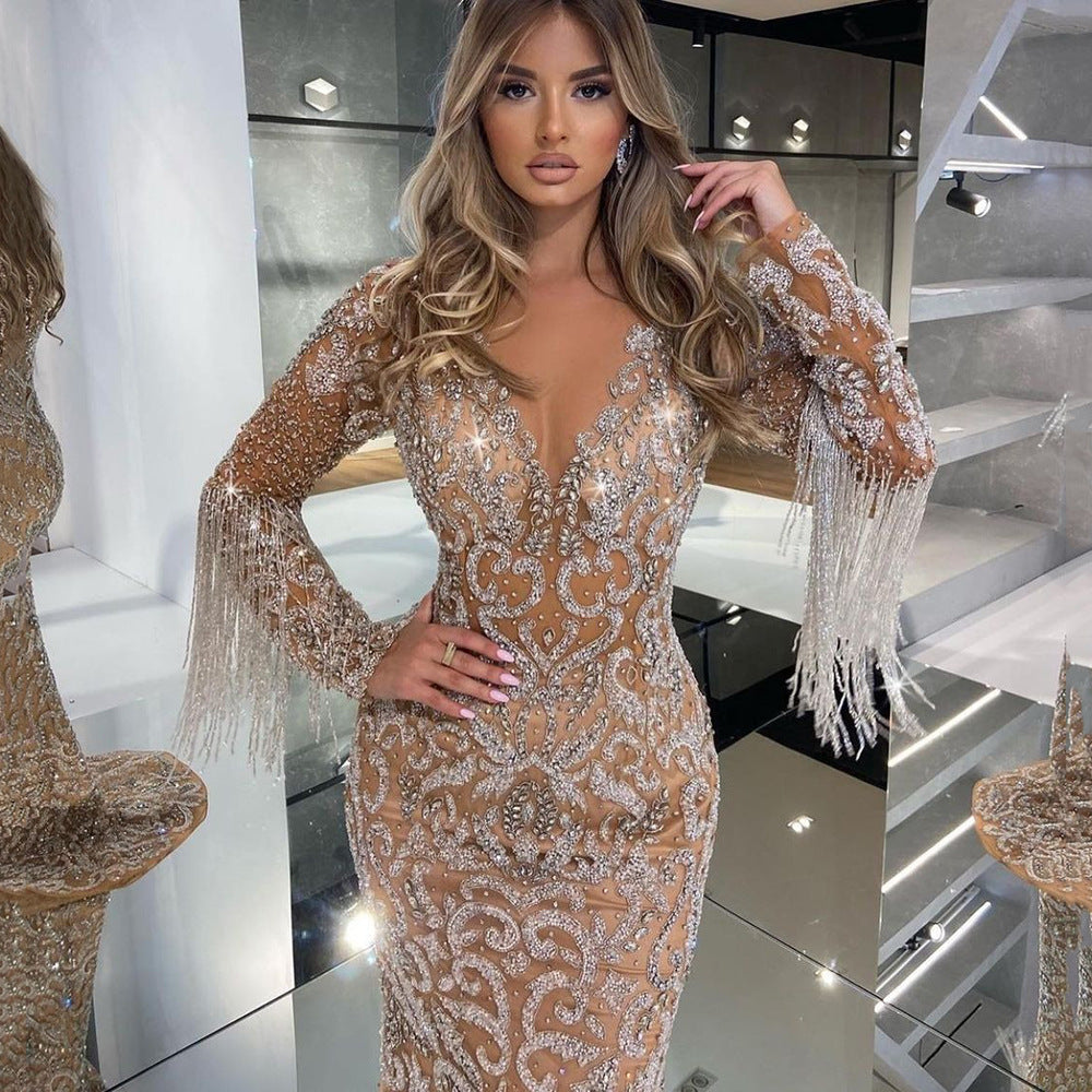 VAKKV Cross-Border Spring New European and American Women's Clothing Evening Dress Women's Fishtail Gold Tassel Elegant Sexy Dress Dress